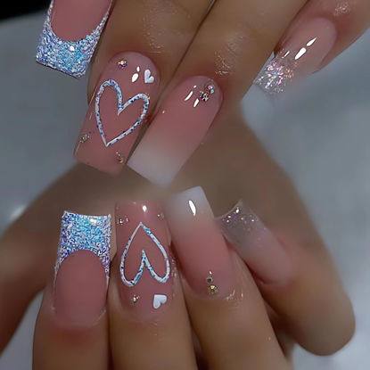 Picture of SINSEN Square Press on Nails Medium Length - French Tip Press on Nails Heart Deign, Glossy Pink Fake Nails with Adhesive Glue Stickers, Reusable Stick on Nails in 12 Sizes, 24 Pcs Medium French Nails
