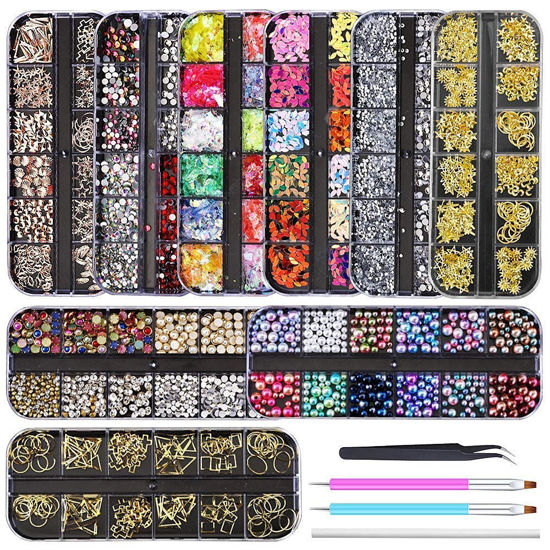 Picture of Artdone 9 boxes Nail Rhinestones,Nail Gems Nail Diamonds,Nail Art Studs Nail Crystals Nail Sequins for Nails Kit with 1 Tweezers and 3 Pen for Nail Art Supplies Accessories