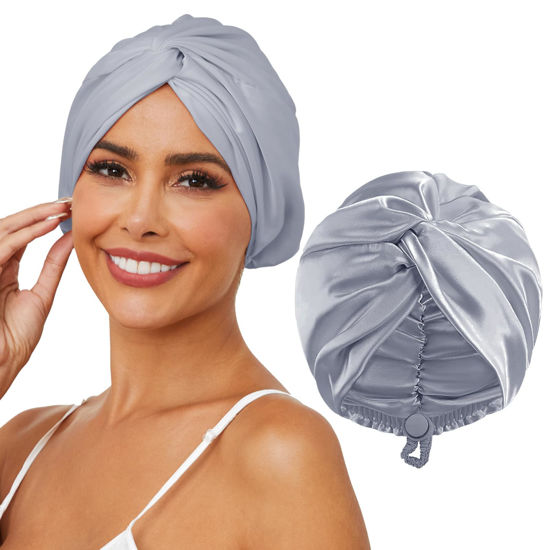 Picture of HFRHTGY Adjustable Silk Satin Hair Bonnet for Sleeping, Double Layer Hair Wrap Sleep Cap Turban for Women Men, Curly Straight Long Large Braid Unisex (Silver Gray 95)