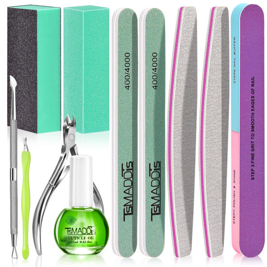 Picture of TsMADDTs Cuticle Pusher Nail File Kit, Nail Buffers and Files with 3 Files, 2 Buffering Blocks, 2 Polishing Buffers, Cuticle Nippers, Pusher and Oil