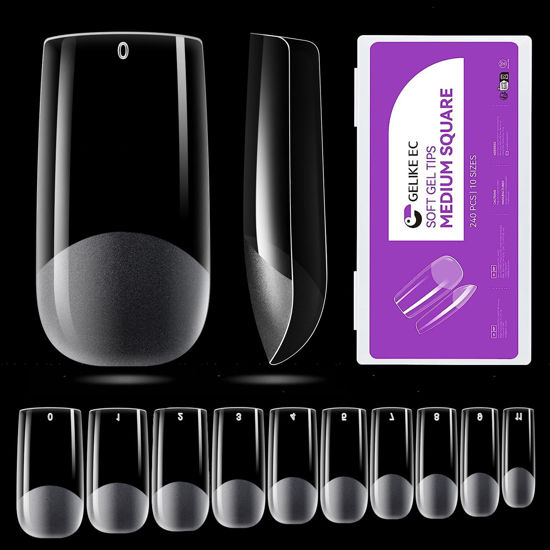 Picture of Gelike EC Soft Gel Nail Tips Kit for Soak Off Nail Extensions,Full Cover,Square Shaped,Pre-buff PMMA Resin,Clear Ultra-Thin Design,10 Sizes,240 Pieces,Medium Square