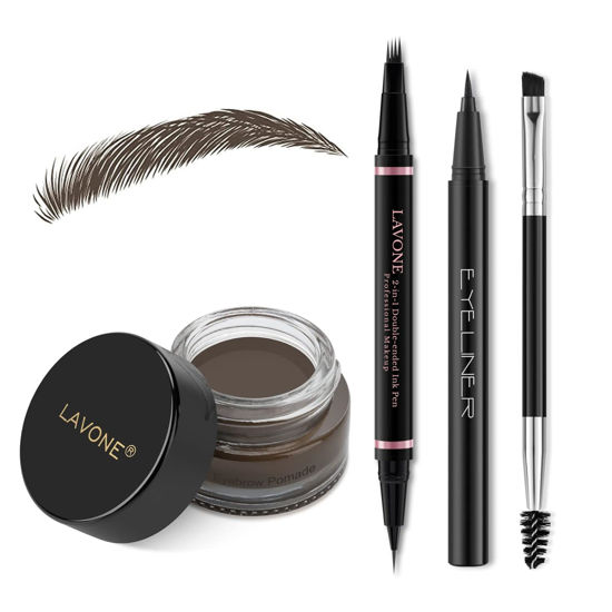Picture of Eyebrow Pencil Makeup Kit, with Waterproof 2-IN-1 Microblading Eyebrow Pen, Eyebrow Pomade, Eyeliner and Dual-ended Eyebrow Brush, Brow Pencil Kit for Natural Eyebrows - Medium Brown