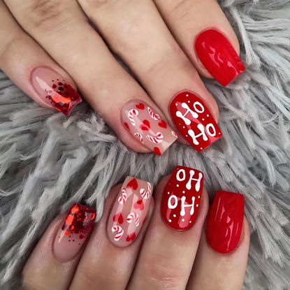 Picture of Christmas Press on Nails Medium Square Fake Nails Red False Nails With Heart Letter Candy Designs Nude Full Cover Stick on Nails Acrylic Winter Xmas Artificial Nails Glue on Nails for Women 24Pcs