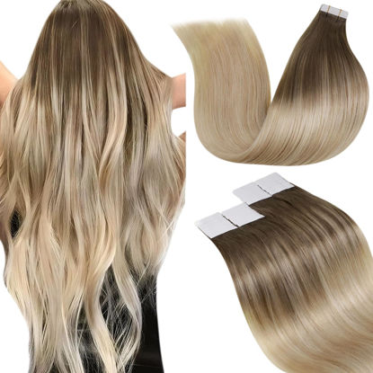 Picture of LaaVoo Human Hair Tape in Extensions Invisible Tape in Hair Extensions Human Hair Ombre Balayage Brown to Ash Blonde Mix Platinum Blonde Human Hair Extensions Tape in 24 Inch 40pcs 100g