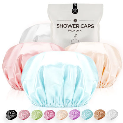 Picture of Shower Cap for Women Reusable Extra Large Shower Caps for Men Satin Double Layer EVA Waterproof Long Hair Caps(Light Grey, Light Gold, Peach Pink, Lake Blue 4 Pack)