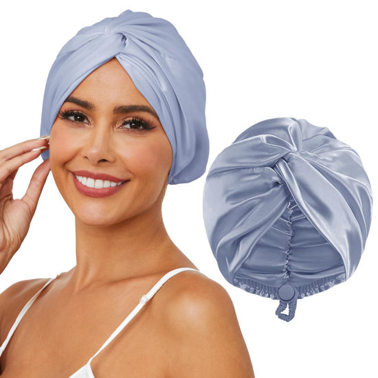 Picture of HFRHTGY Adjustable Silk Satin Hair Bonnet for Sleeping, Double Layer Hair Wrap Sleep Cap Turban for Women Men, Curly Straight Long Large Braid Unisex (Slate Blue 112)