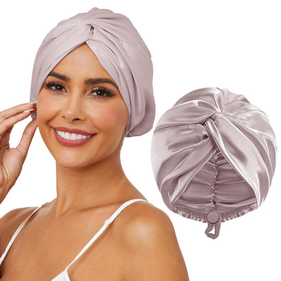 Picture of HFRHTGY Adjustable Silk Satin Hair Bonnet for Sleeping, Double Layer Hair Wrap Sleep Cap Turban for Women Men, Curly Straight Long Large Braid Unisex (Stone Brown 20)