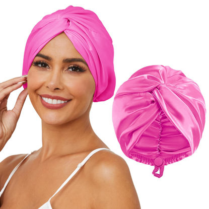 Picture of HFRHTGY Adjustable Silk Satin Hair Bonnet for Sleeping, Double Layer Hair Wrap Sleep Cap Turban for Women Men, Curly Straight Long Large Braid Unisex (Peach Red 51)