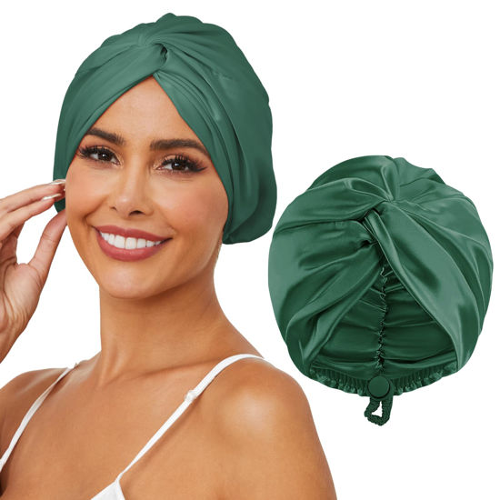 Picture of HFRHTGY Adjustable Silk Satin Hair Bonnet for Sleeping, Double Layer Hair Wrap Sleep Cap Turban for Women Men, Curly Straight Long Large Braid Unisex (Forest Green 26)