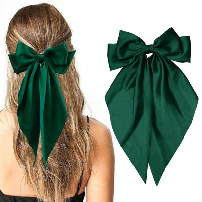 Picture of Big Bow Hair Clips, Long Ribbon Hair Pins for Women - Green Hair Bows, Soft Barrettes, and Party Accessories