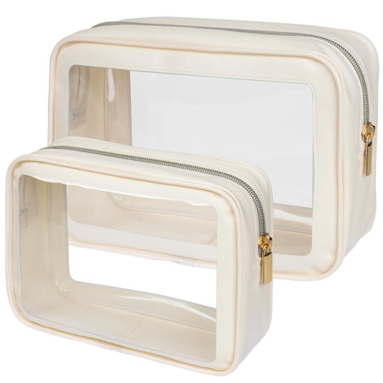 Picture of PACKISM TSA Approved Toiletry Bag - Upgrade Color-Edged Clear Makeup Bag, Unique Appearance, 2 Pack Clear Travel Bags Hold Lots of Items Also Great for Organizing Car Console, Beige (2 Sizes)