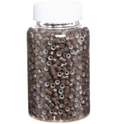 Picture of 2500pcs Hair Extentions Micro Rings Links Beads, 5mm Silicone Lined Beads for Human Hair Extensions Tool-Brown