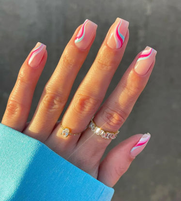 Picture of 24 Pcs Acrylic Press on Nails Short | Medium, Glue on Nails for Women, Fake Nails with Glue (Pink Colorful Swirl)
