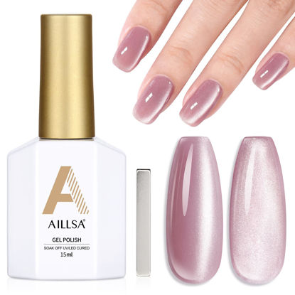 Picture of AILLSA Nude Pink Cat Eye Gel Nail Polish Shimmer Glitter Crystal Gel Polish with Magnet, Jelly Purple Sparkle Gel Nail Polish Reflective Translucent Color U V Gel Salon DIY at Home 0.5 OZ GF22