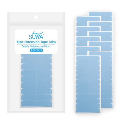 Picture of SUYYA 120 Pieces Hair Extension Tape Tabs Double Sided Extension Tapes for Replacement 4cm x0.8cm (Blue 120 Pieces)