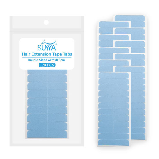 Picture of SUYYA 120 Pieces Hair Extension Tape Tabs Double Sided Extension Tapes for Replacement 4cm x0.8cm (Blue 120 Pieces)