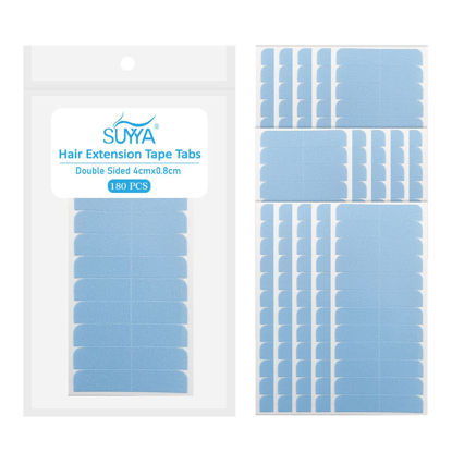 Picture of SUYYA 180 Pieces Hair Extension Tape Tabs Double Sided Extension Tapes for Replacement 4cm x0.8cm (Blue 180 Pieces)