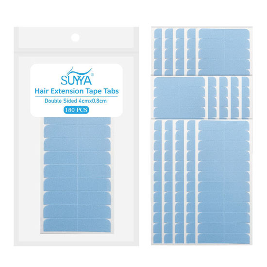 Picture of SUYYA 180 Pieces Hair Extension Tape Tabs Double Sided Extension Tapes for Replacement 4cm x0.8cm (Blue 180 Pieces)