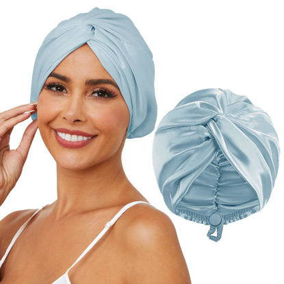Picture of HFRHTGY Adjustable Silk Satin Hair Bonnet for Sleeping, Double Layer Hair Wrap Sleep Cap Turban for Women Men, Curly Straight Long Large Braid Unisex (Aqua Blue 81)