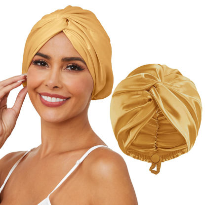 Picture of HFRHTGY Adjustable Silk Satin Hair Bonnet for Sleeping, Double Layer Hair Wrap Sleep Cap Turban for Women Men, Curly Straight Long Large Braid Unisex (Golden Yellow 59)