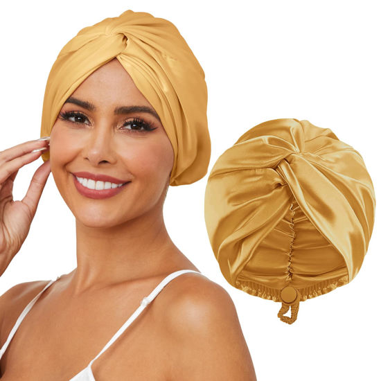 Picture of HFRHTGY Adjustable Silk Satin Hair Bonnet for Sleeping, Double Layer Hair Wrap Sleep Cap Turban for Women Men, Curly Straight Long Large Braid Unisex (Golden Yellow 59)