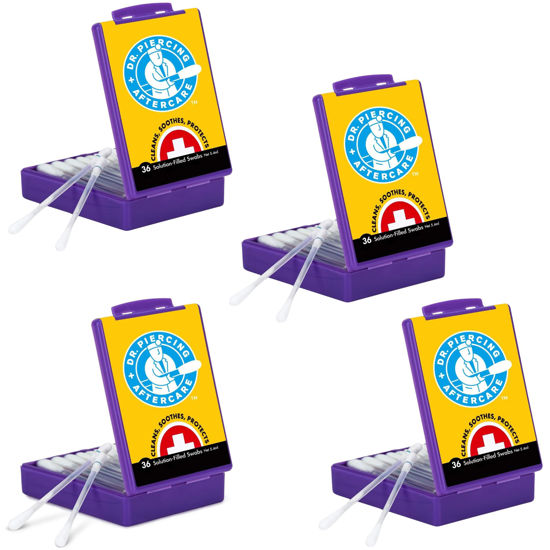 Picture of Dr. Piercing Aftercare Swabs - Piercing Bump Saline Solution for Cleansing Earring, Nose, Belly, and Ear Piercings - Gentle Saline Wash for a Refreshing Experience - 144 Easy-to-Use Swabs (4-Pack)
