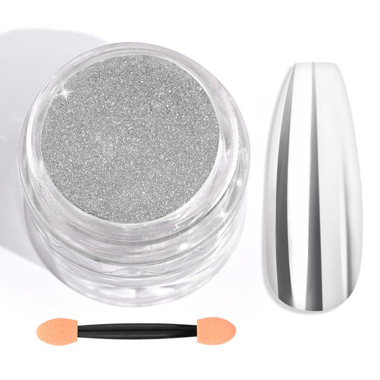 Picture of Saviland Silver Chrome Nail Powder - 1g Metallic Mirror Effect Chrome Powder for Gel Nails, Manicure Nail Art Pigment Silver Chrome Powder Nail Decoration Glitter Dust for Nail Art Gel Polish Home DIY