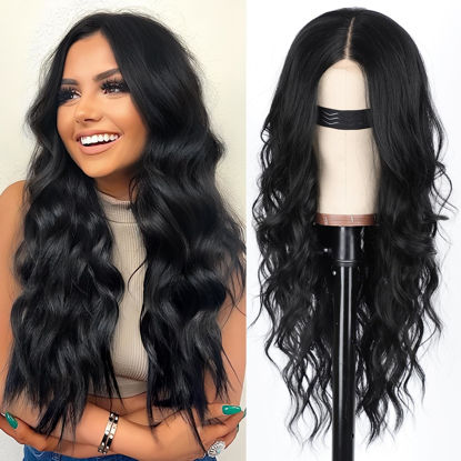Picture of AISI HAIR Black Wig for Women, Long Wavy Lace Hairline Middle Part Synthetic Heat Resistant Wig for Daily Party-26 Inch