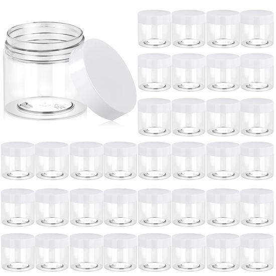 Picture of 36 Pack 6 OZ Plastic Jars Round Clear Cosmetic Container Jars with White Lids, Eternal Moment Plastic Slime Jars for Lotion, Cream, Ointments, Makeup, Eye shadow, Rhinestone, Samples, Travel Storage