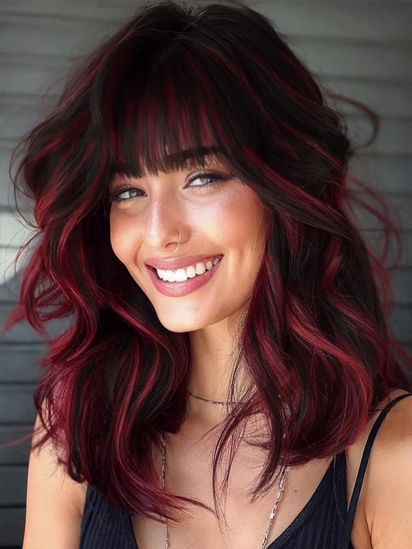 Picture of AISI HAIR Synthetic Wavy Curly Bob Wig with Bangs Brown Mix Wine Red Wig Short Bob Wavy Hair Wigs for Women Synthetic Heat Resistant Bob Wigs