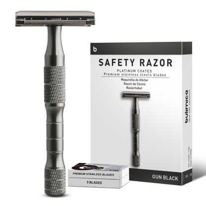 Picture of Safety Razor for Women and Men, Single Blade Razors for Men and Women, Reusable Metal Razors, with 10 Platinum Coated Safety Razor Blades, Face Razors for Men Shaving, Sustainable, Gray Black