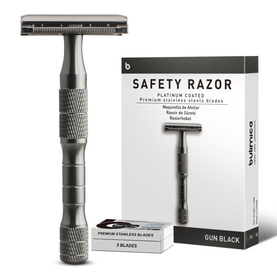 Picture of Safety Razor for Women and Men, Single Blade Razors for Men and Women, Reusable Metal Razors, with 10 Platinum Coated Safety Razor Blades, Face Razors for Men Shaving, Sustainable, Gray Black