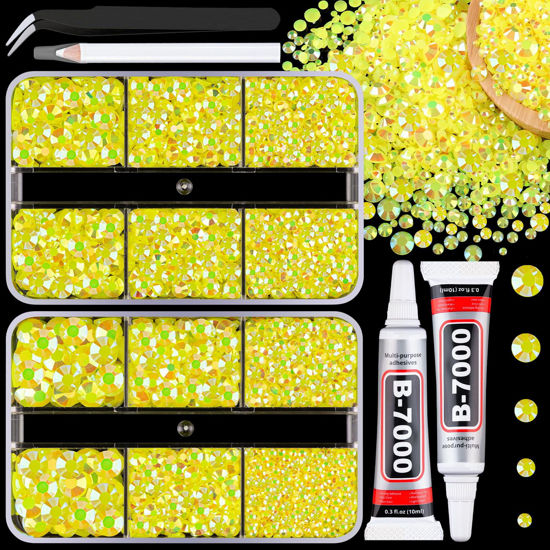 Picture of Resin Jelly Rhinestones for Crafting with B7000 Jewelry Glue, 2 Boxes Lemon Yellow AB Flatback Crystals with 2Pcs 10ml Glue, Bedazzling Non Hotfix Gems for DIY Tumblers Clothing Shoes Manicure