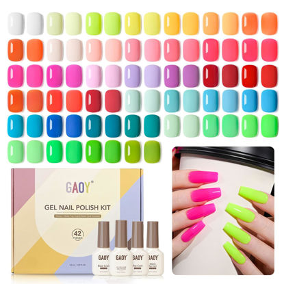 Picture of GAOY 42 Pcs Gel Nail Polish Kit, Red Green Blue Orange Neon Colors All Seasons Gel Nail Polish Set with Glossy & Matte Top Coat and Base Coat for Nail Art DIY at Home