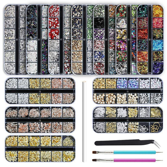 Picture of Artdone 12 boxes Nail Rhinestones,Nail Gems Nail Diamonds,Nail Art Studs Nail Crystals Nail Sequins for Nails Kit with 1 Tweezers and 3 Pen for Nail Art Supplies Accessories……