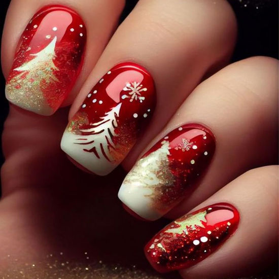 Picture of Christmas Press on Nails Short Square Fake Nails with Xmas Tree Snowflake Design Winter Red Glitter Full Cover False Nail Sparkling Glossy Acrylic Nails Stick on Nails for Women Christmas Decor 24 Pcs