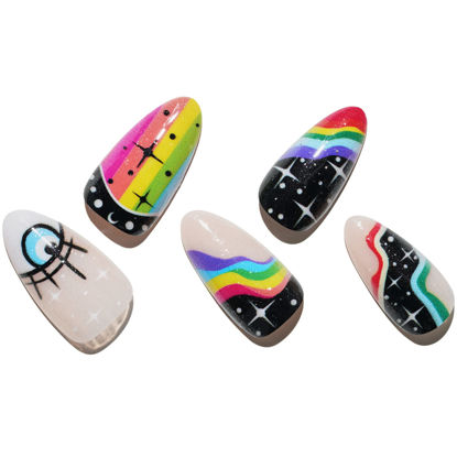 Picture of GLAMERMAID Press on Nails Medium Almond, Gothic Black with Rainbow Galaxy Glue on Gel Nails, 24Pcs Short Stiletto Acrylic False Nails Kits Reusable UV Finish Full Cover Stick on Nails for Women Gifts