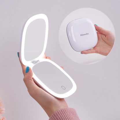 Picture of Compact LED Magnifying Travel Makeup-Mirror - 4 inches 1X/10X Magnification Small Hand Pocket Dimmable Double Sided USB Rechargeable Touch Screen, Portable Tabletop Cosmetic (White)