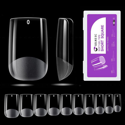 Picture of Gelike ec Short Square Nail Tips: 240PCS Soft Gel Tips for Nail Extensions Square Shaped Full Cover Gel X Nail Tips Pre Etched - PMMA Resin Clear False Nails Press on Nails 10 Sizes, SHORT SQUARE