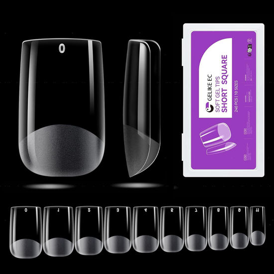 Picture of Gelike ec Short Square Nail Tips: 240PCS Soft Gel Tips for Nail Extensions Square Shaped Full Cover Gel X Nail Tips Pre Etched - PMMA Resin Clear False Nails Press on Nails 10 Sizes, SHORT SQUARE