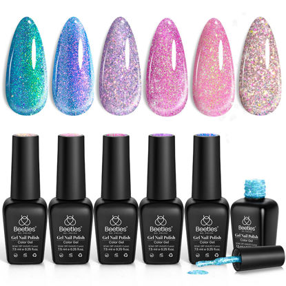 Picture of Beetles Glitter Gel Nail Polish 6 Colors Sparkle Pink Purple Blue Gel Polish Kit Chameleon Crushed Diamond Multifunction Soak off Uv Nail Gel DIY Manicure
