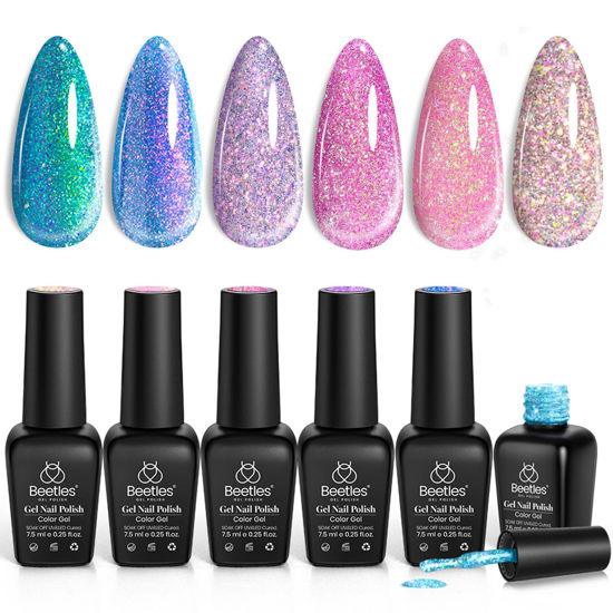 Picture of Beetles Glitter Gel Nail Polish 6 Colors Sparkle Pink Purple Blue Gel Polish Kit Chameleon Crushed Diamond Multifunction Soak off Uv Nail Gel DIY Manicure