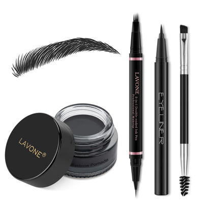 Picture of Eyebrow Pencil Makeup Kit, with Waterproof 2-IN-1 Microblading Eyebrow Pen, Eyebrow Pomade, Eyeliner and Dual-ended Eyebrow Brush, Brow Pencil Kit for Natural Eyebrows - Black