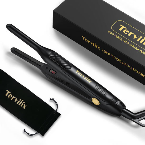 Picture of Terviiix Pencil Flat Iron for Edges & Short Hair, 3/10 Inch Small Hair Straightener for Men, Ceramic Mini Flat Iron for Pixie & Beard, 15s Fast Heat up, Dual Voltage, Auto Shut Off