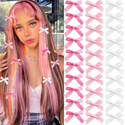 Picture of SAWINDA 30PCS Pink Mini Hair Bows Small Bowknot Ribbon Barrettes Cute White Bow Clips for Girls Teens Metal Alligator Clips Kawaii Hair Clips Accessories for Thick Thin Hair