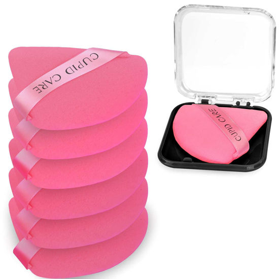 Picture of CUPID CARE 6 Pcs Triangle Powder Puff with 2 Travel Cases, Setting Powder Puffs for Face Powder and Foundation, Velour Makeup Puff for Loose Powder Body Powder, Skin-Friendly, Beauty Makeup Tools-Red