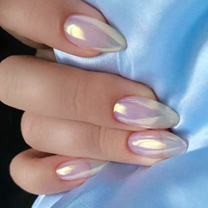 Picture of GLAMERMAID Chrome Press On Nails Short Almond - Nude Handmade Soft Gel Fake Nails Medium Oval, White Glitter Natural Glazed Donut False Nails, Glossy Pearl Mermaid Matal Glue on Nails Kit for Women