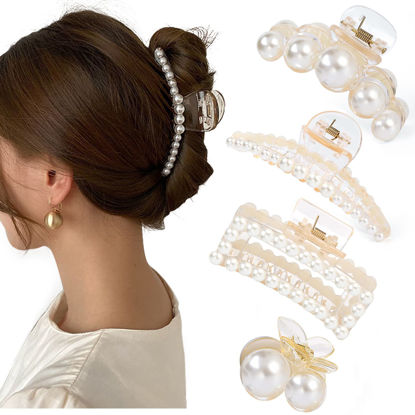 Picture of Mehayi 4 PCS Large Pearl Hair Claw Clips for Women Girls, Hair Barrette Clamps for Thick Thin Hair, Fashion Hair Accessories Headwear Styling Tools for Party Wedding