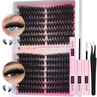 Picture of EYDEVRO Fluffy Lash Clusters Kit 80D100D Volume Lash Extension Kit 280 Pcs Left/Right Cluster Eyelash Extension Kit D Curl Thick Mega Lash Clusters with Waterproof Lash Bond and Seal and Lash Tweezers