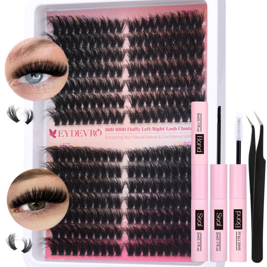Picture of EYDEVRO Fluffy Lash Clusters Kit 80D100D Volume Lash Extension Kit 280 Pcs Left/Right Cluster Eyelash Extension Kit D Curl Thick Mega Lash Clusters with Waterproof Lash Bond and Seal and Lash Tweezers